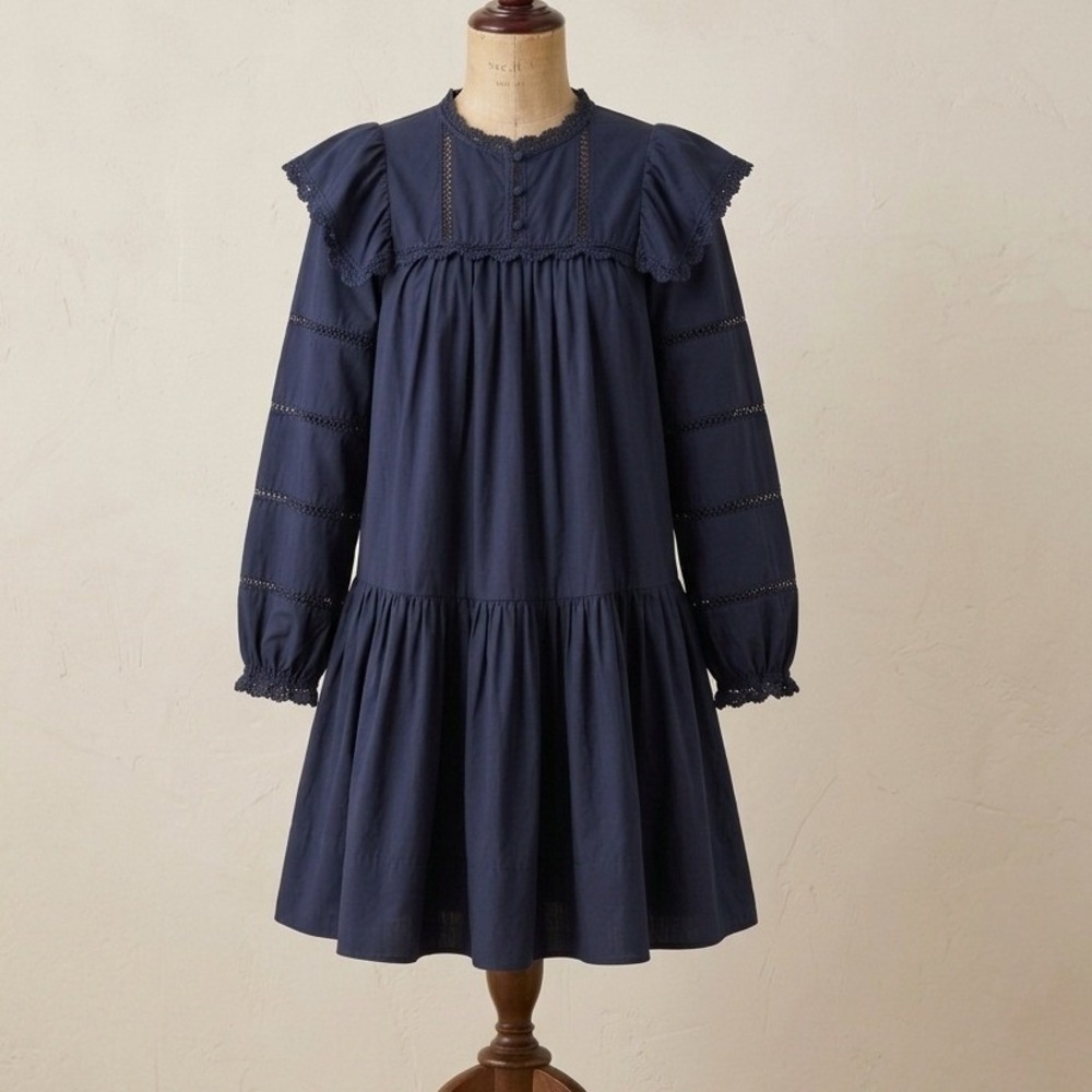 Sea New York Navy Blue Cotton Crochet Lace Ruffle Tiered Mini Dress Prairie XS